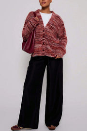 Fashionable Mixed Color Loose V-neck Casual Knit Cardigan