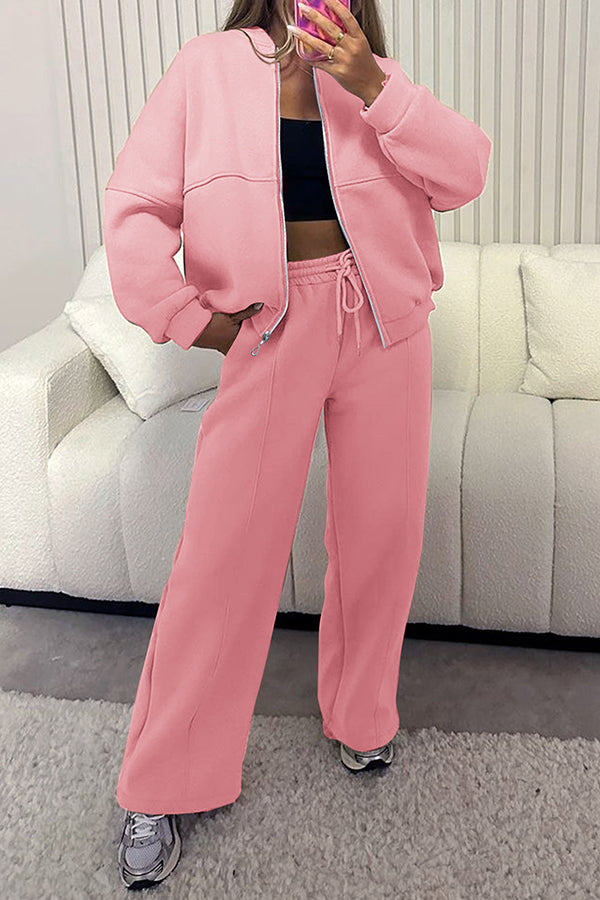 Solid Color Long-sleeved Zip-up Sports Jacket and Casual Elastic Waist Pocket Pants Set
