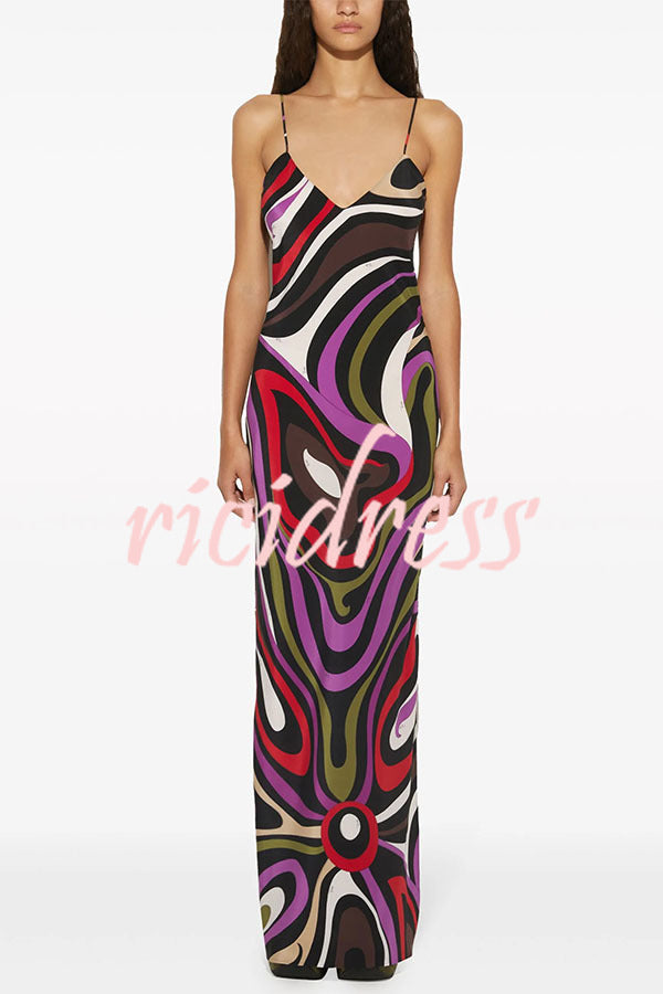 Love in Venice Unique Print V-neck Slit Slip Maxi Dress