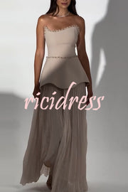 Capture The Moment Gem Trim Pleated Hem Strapless Maxi Dress