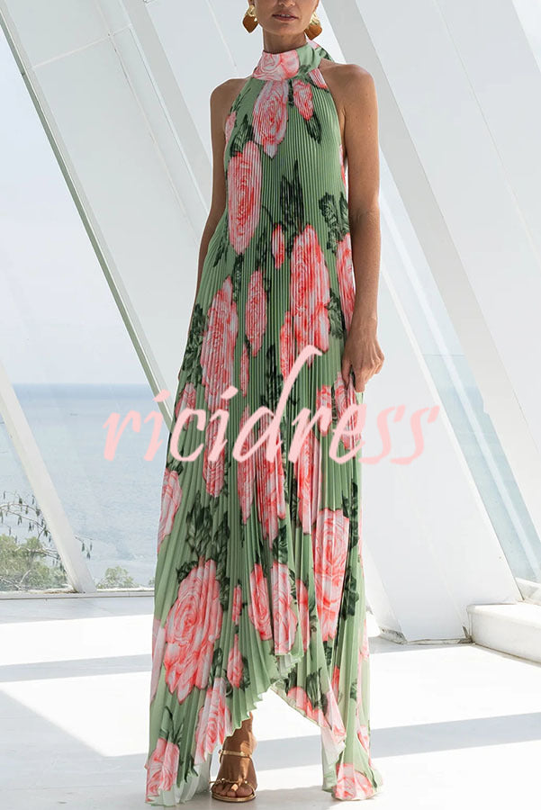 Opera Pleated Floral Halter Asymmetric Hem A-line Maxi Dress