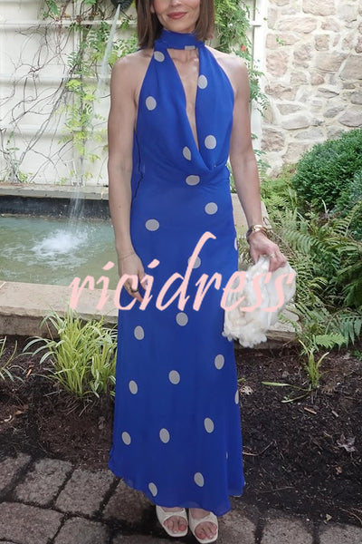 Fashion Polka Dot Print Sexy Halter Neck Backless Maxi Dress
