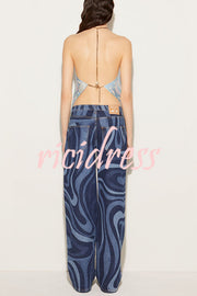 Artistic Girl Satin Unique Print Metal Chain Halter Draped Scarf Tank