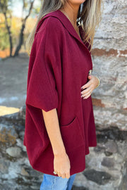 Solid Color Casual Hooded Single Button Pocket Loose Cape Jacket