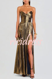 Goddess Temperament Metallic Pleated Fabric Off Shoulder Slit Maxi Dress