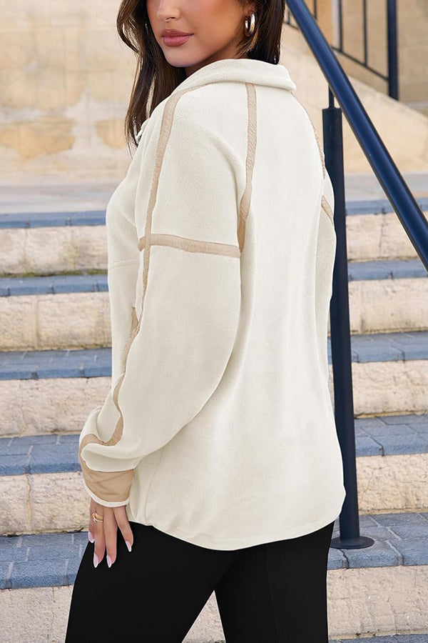 Stylish Color-blocked Trim Loose Casual Pocket Sweatshirt