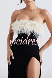 Sarai Thigh Slit Feather High Waisted Maxi Dress