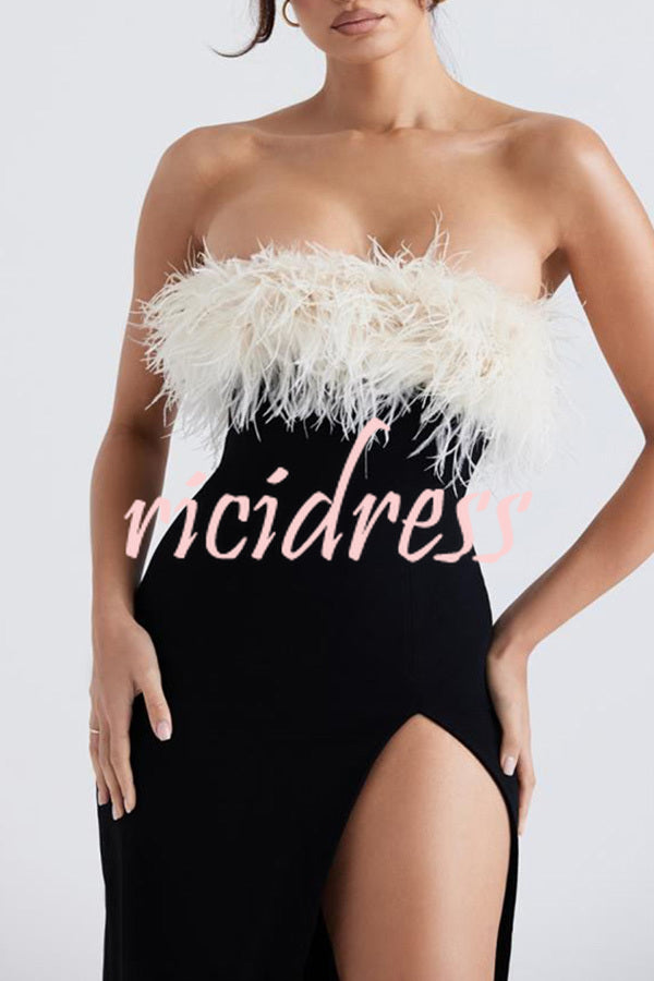 Sarai Thigh Slit Feather High Waisted Maxi Dress