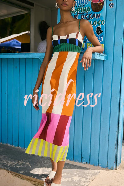 Beach Moment Linen Blend Unique Color Block Slip Maxi Dress