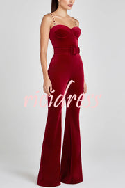 Eliza Luxurious Velvet Fabric Jewel-embellished Shoulder Straps Belted Flare Jumpsuit