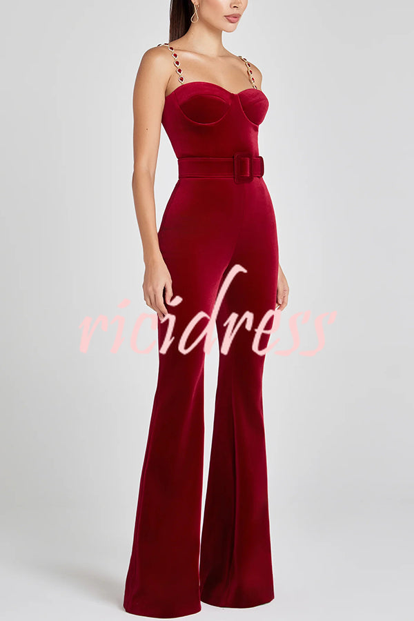 Eliza Luxurious Velvet Fabric Jewel-embellished Shoulder Straps Belted Flare Jumpsuit