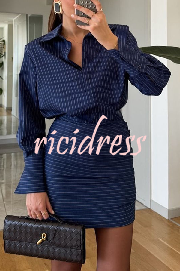 Simple and Sexy Stripe Print Long Sleeve Ruched Hem Shirt Mini Dress