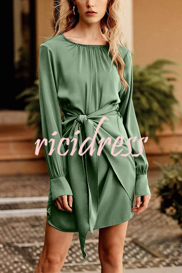 Satin Round Neck Long Sleeve Elastic Tie Mini Dress