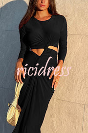 Solid Color Round Neck Long Sleeve Sexy Exposed Waist Slit Maxi Dress