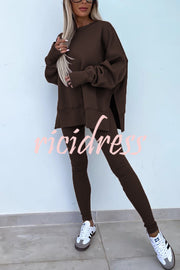 Solid Color Loose Long Sleeve SlitSweatshirt and Elastic Waist Tight Pants Set