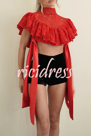Clarissa Lace High Neck Side Tie-up Cascading Ruffles Cropped Cape Top
