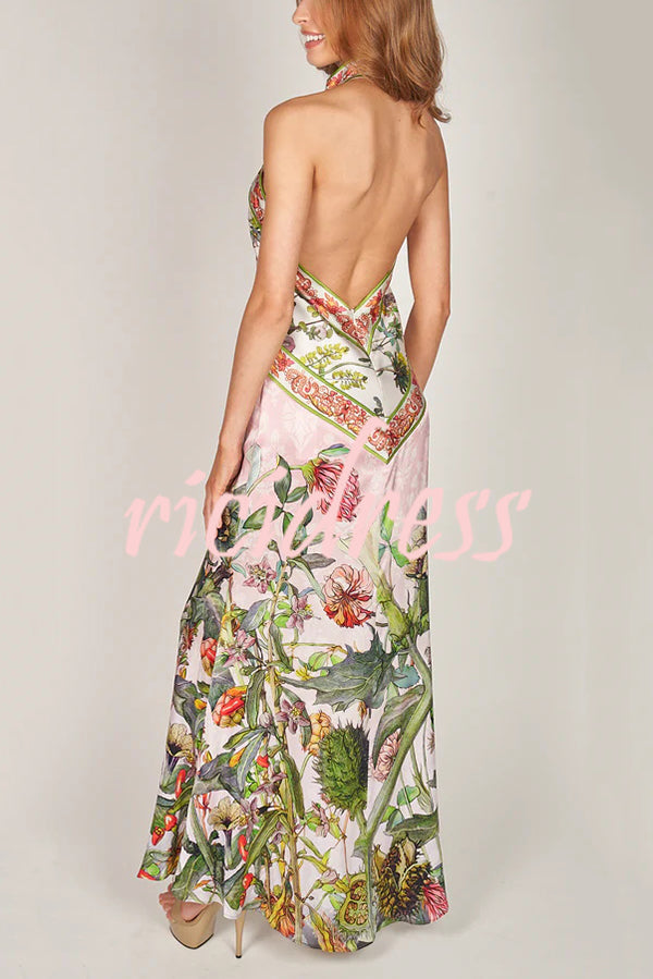 Botanical Print Sexy Sleeveless Open Back Maxi Dress