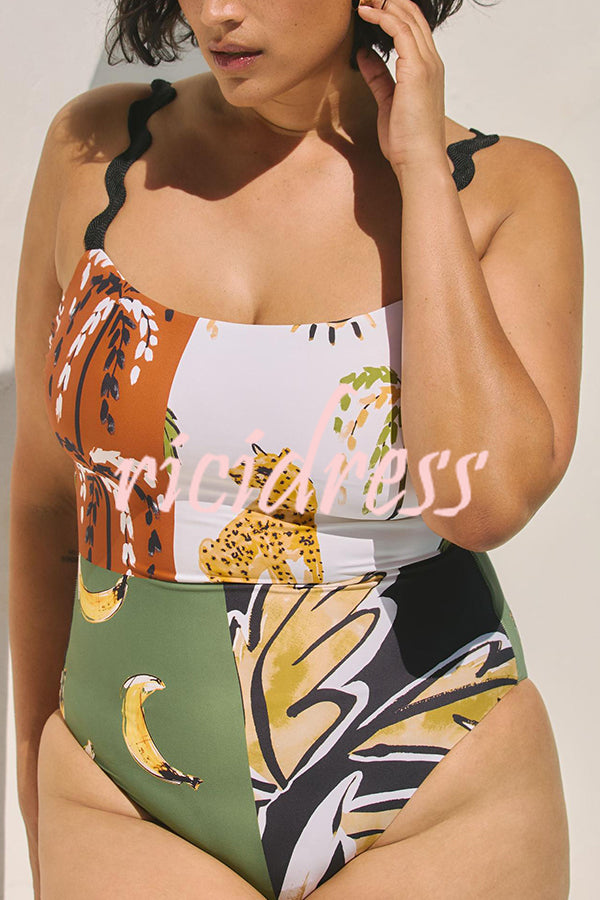 Nature Beauty Unique Leopard Print Ric Rac Strap Stretch One-piece Swimsuit