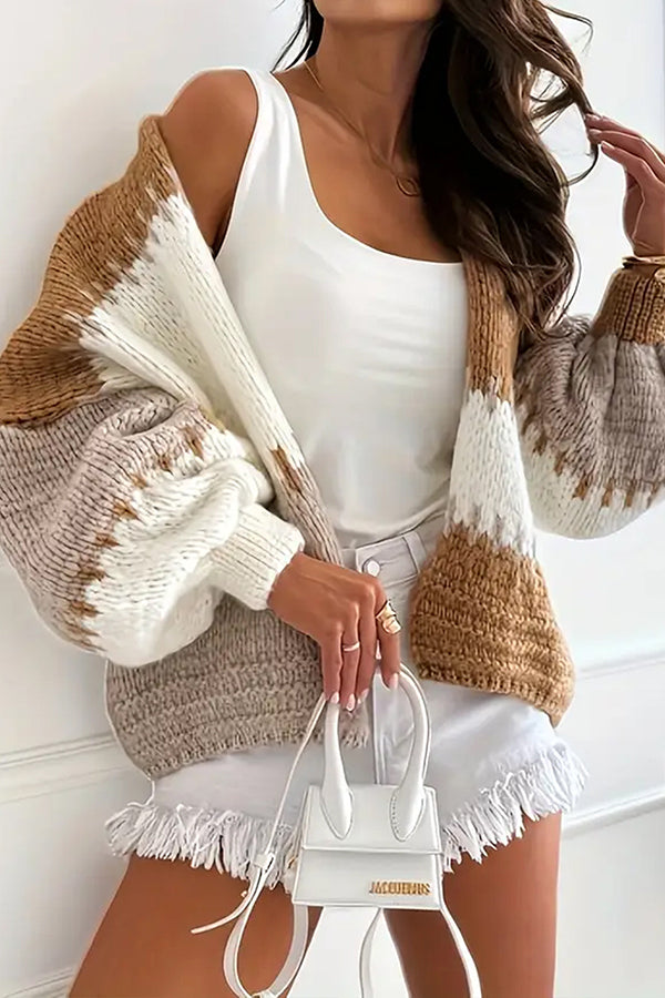 Fashionable Contrast Color Stitching Casual Knitted Cardigan