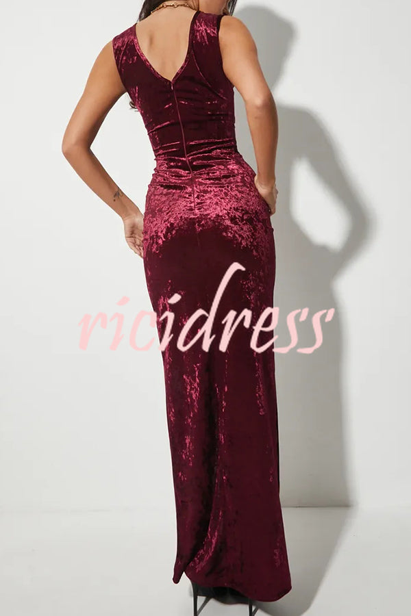 Solid Color Velvet Round Neck Sleeveless Slim Slit Maxi Dress