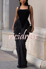 Fashionable Velvet Patchwork Square Neck Sleeveless Draped Maxi Dress