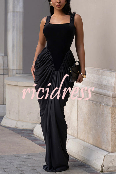 Fashionable Velvet Patchwork Square Neck Sleeveless Draped Maxi Dress