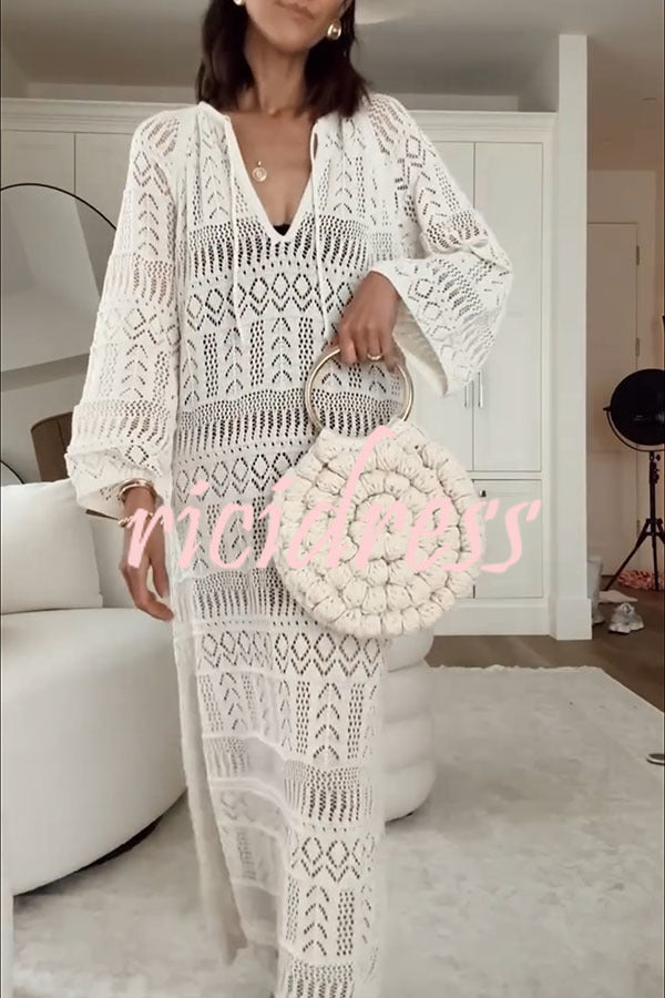 Hollie Knit Unique Pattern Tie-up Long Sleeve Cover-Up Midi Dress