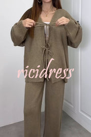 Solid Color V-neck Tie Long-sleeved Loose Knit Cardigan and Elastic Waist Casual Straight Leg Pants Set