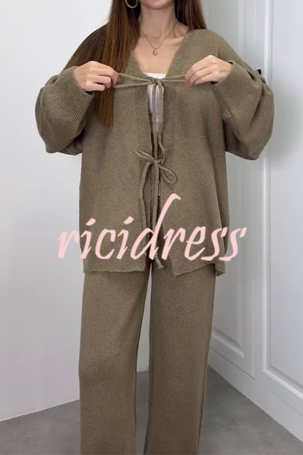 Solid Color V-neck Tie Long-sleeved Loose Knit Cardigan and Elastic Waist Casual Straight Leg Pants Set