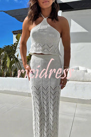 Solid Knit Hollow Halter Top and Stretch Fit Maxi Skirt Set