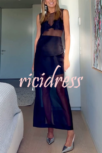 Embraces Modern Sheer Organza Pocket Oversized Tank and High Rise Slit Midi Skirt Set