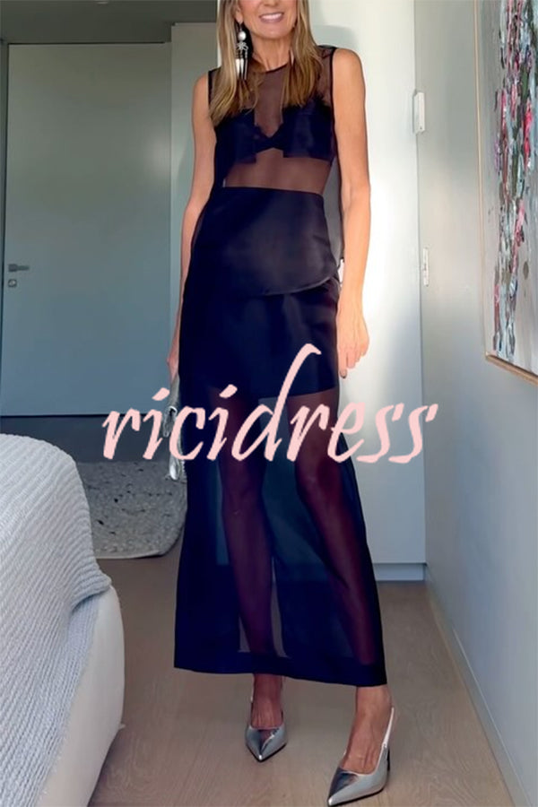 Embraces Modern Sheer Organza Pocket Oversized Tank and High Rise Slit Midi Skirt Set