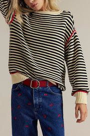 Fashion Striped Colorblock Loose Round Neck Long-sleeved Knitted Sweater