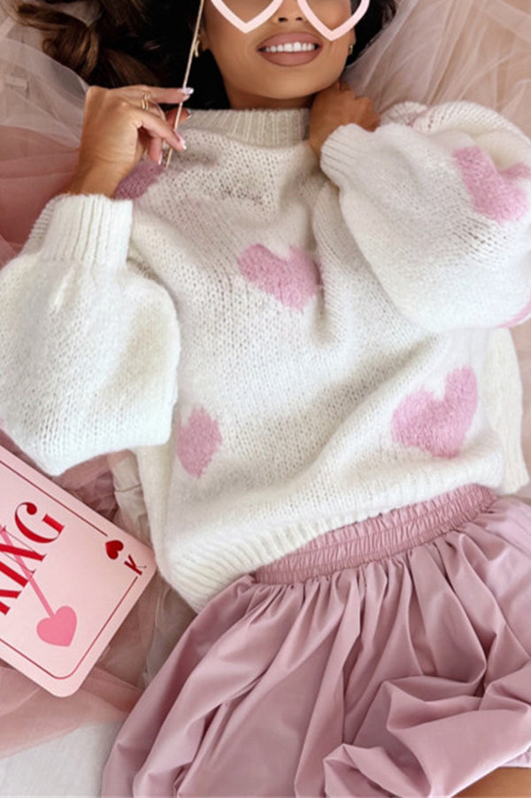 Fashionable Loose-fitting Heart-shaped Jacquard Long-sleeved Knit Sweater