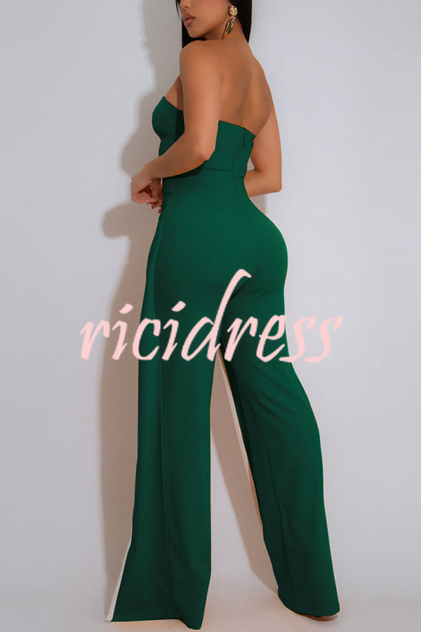 Fashionable Contrast Color Off-shoulder Metal Decoration Casual Elegant Jumpsuit