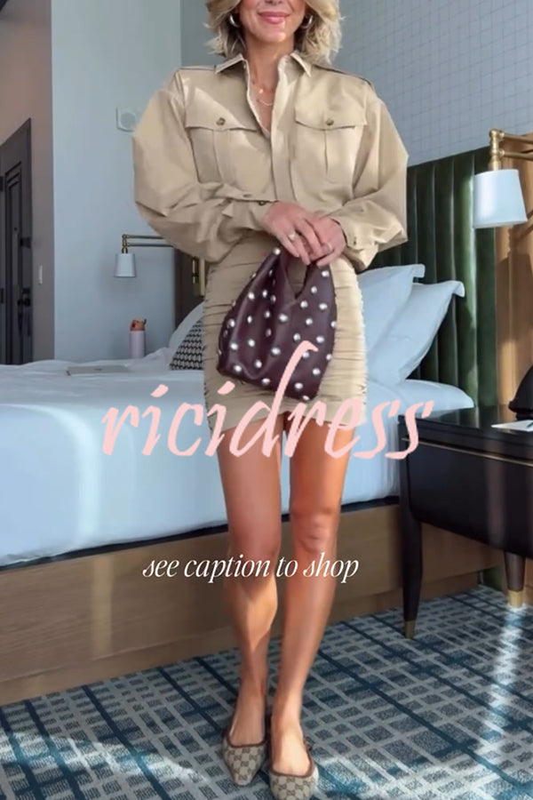 Soraya Epaulette Button Design Long Sleeve Ruched Hem Shirt Mini Dress