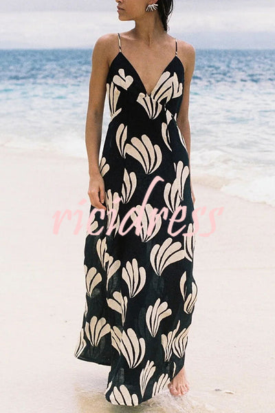 Sunny Palm Linen Blend Backless A-line Loose Maxi Dress