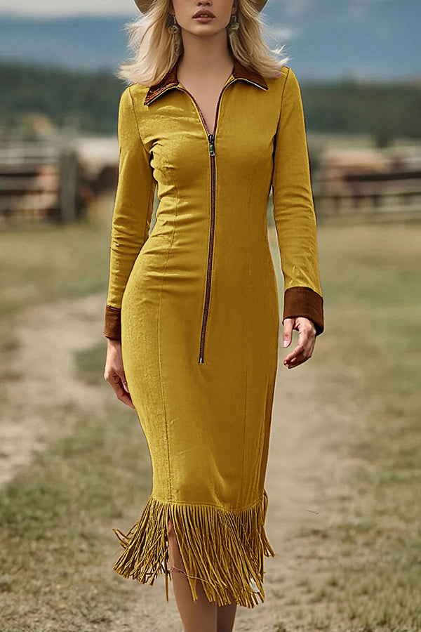 Stylish Suede Zipper Long-sleeved Fringed Hem Slim-fit Midi Dress