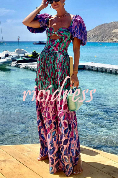 Mykonian Summer Unique Gradient Print Cutout Puff Sleeve Backless Slit Maxi Dress