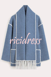 Stylish Loose Pocket Long Sleeve Coat and Warm Fringed Scarf