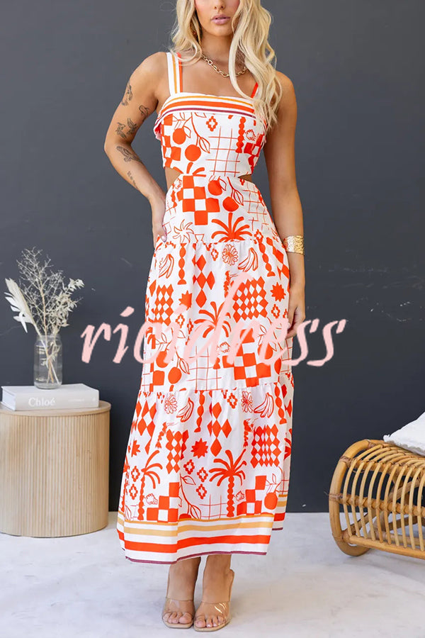 Unique Print Waist Cutout Back Gathered Suspender Maxi Dress