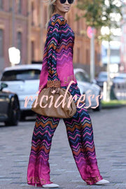 Coreen Leopard Colorful Wave Print Long Sleeve Shirt and Elastic Waist Pocket Pants Set