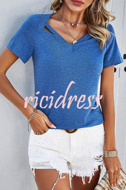 Casual Solid Color Short Sleeved V Neck Hollow T-Shirt