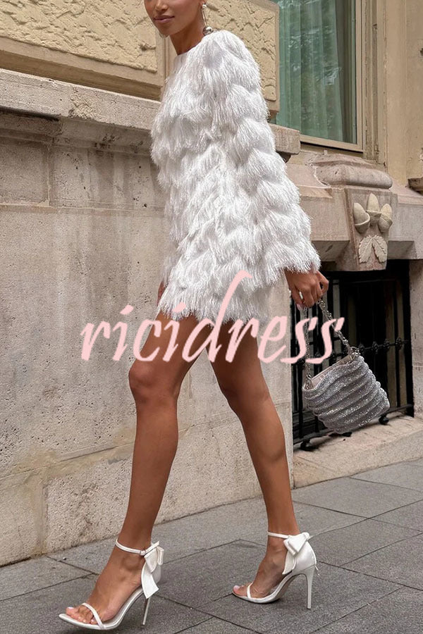 Swaying in The Wind Layered Tassels Wide Neck Long Sleeve H-line Mini Dress