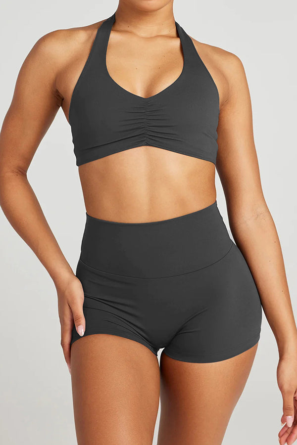 Fashionable Sports Yoga Style Halterneck Top and Stretch Slim Shorts Set