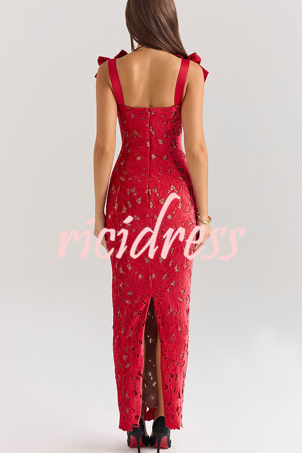 Holiday Intimacy Embroidered Floral Lace Bow Shoulder Straps Slit Maxi Dress