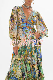 Fairy Tale Print V-Neck Lantern Sleeve Waist Maxi Dress