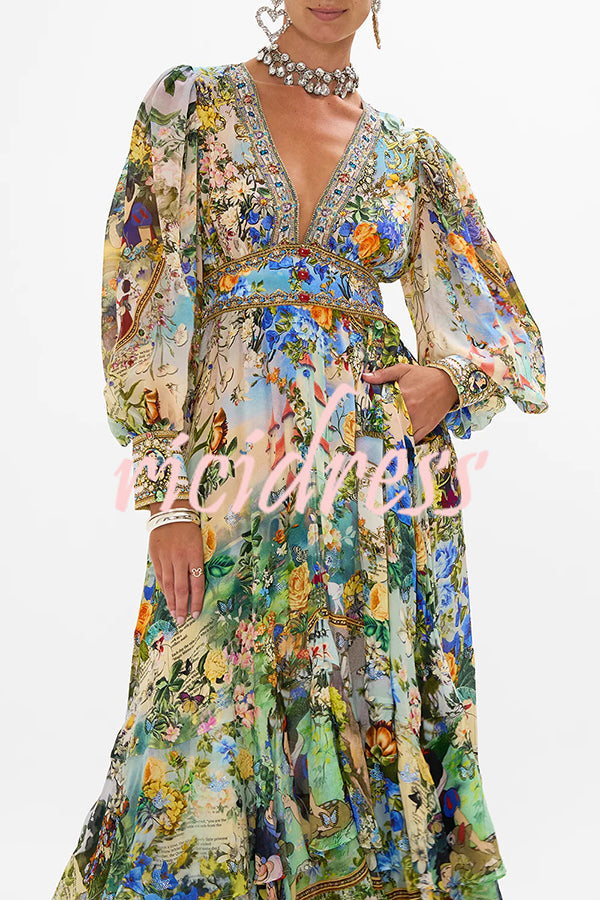 Fairy Tale Print V-Neck Lantern Sleeve Waist Maxi Dress