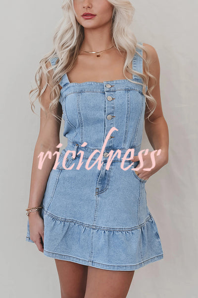 Solid Square Neck Suspender Button Pocket Denim Mini Dress