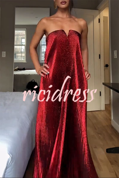 Party Time Pleated Metallic Fabric Off Shoulder Irregular Hem A-line Maxi Dress